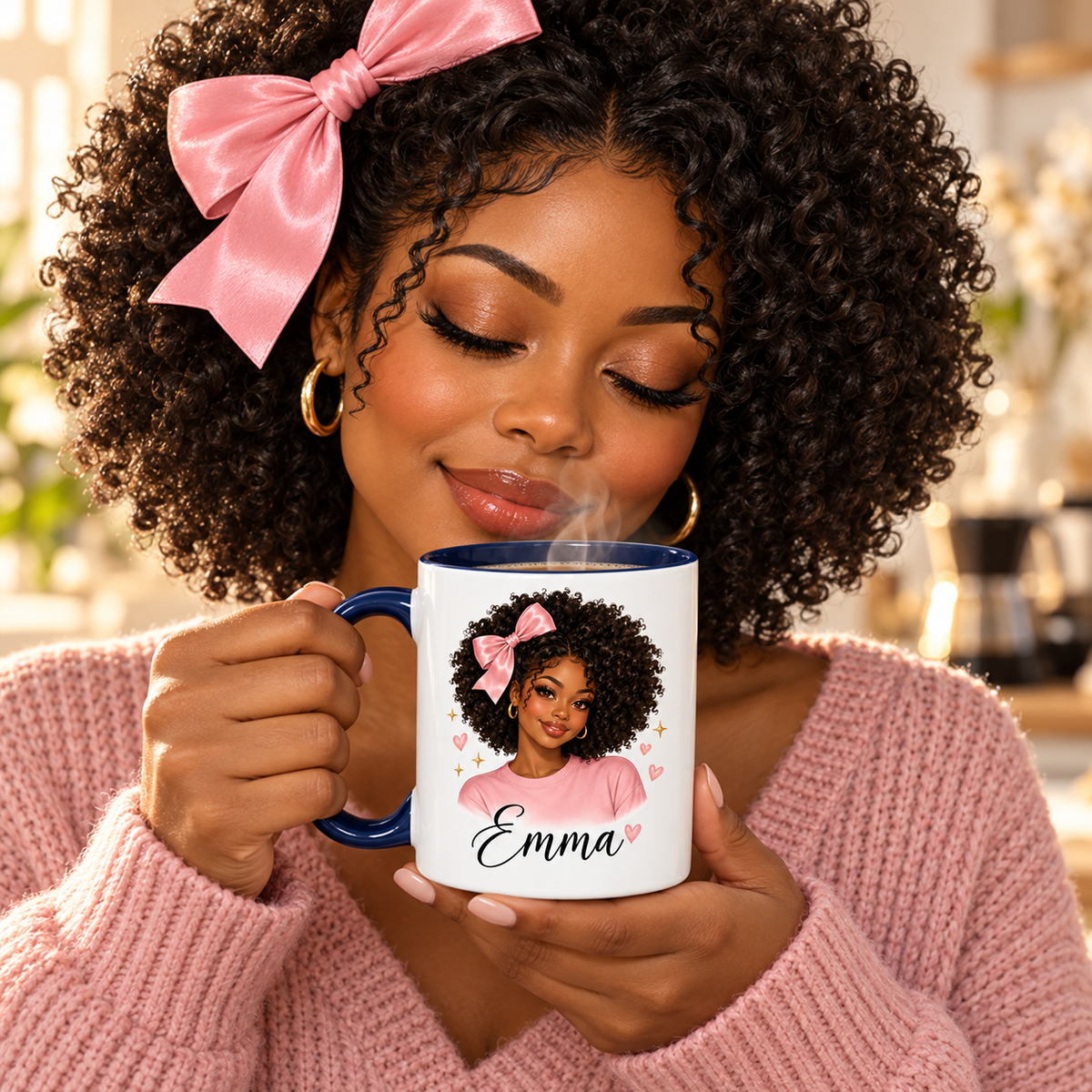 Close-up woman savoring steaming coffee with personalized Afro Girly mug, navy handle