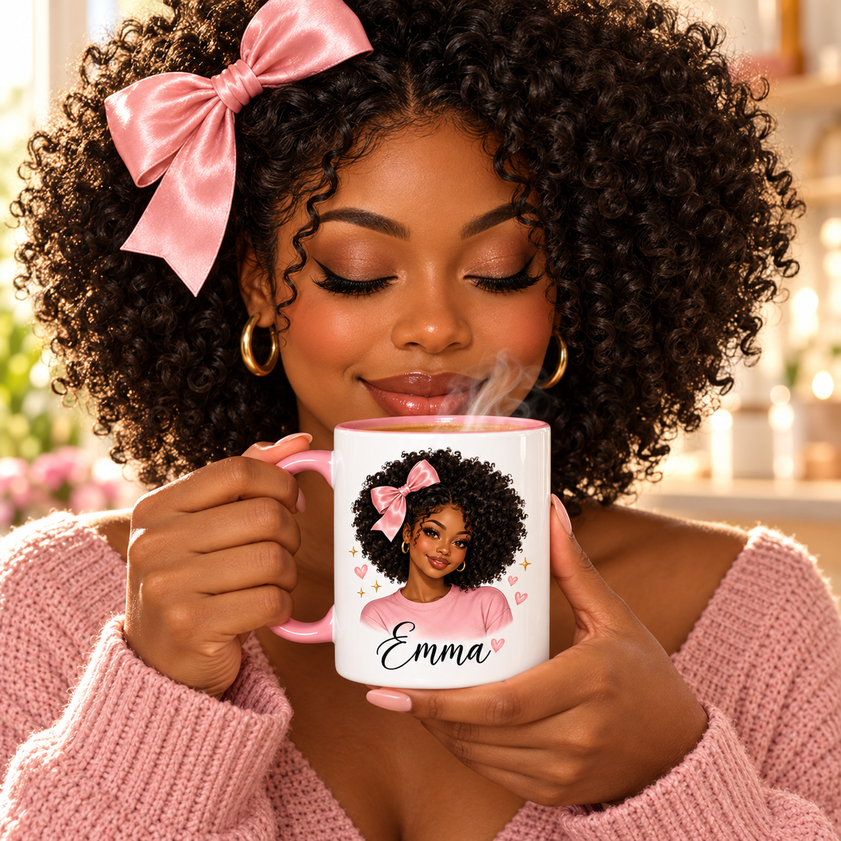 Close-up woman savoring steaming coffee with personalized Afro Girly mug, pink handle