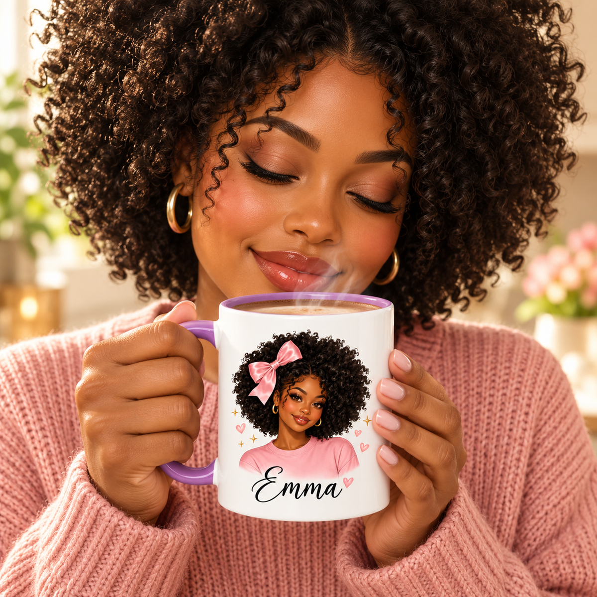 Close-up woman savoring steaming coffee with personalized Afro Girly mug, purple handle