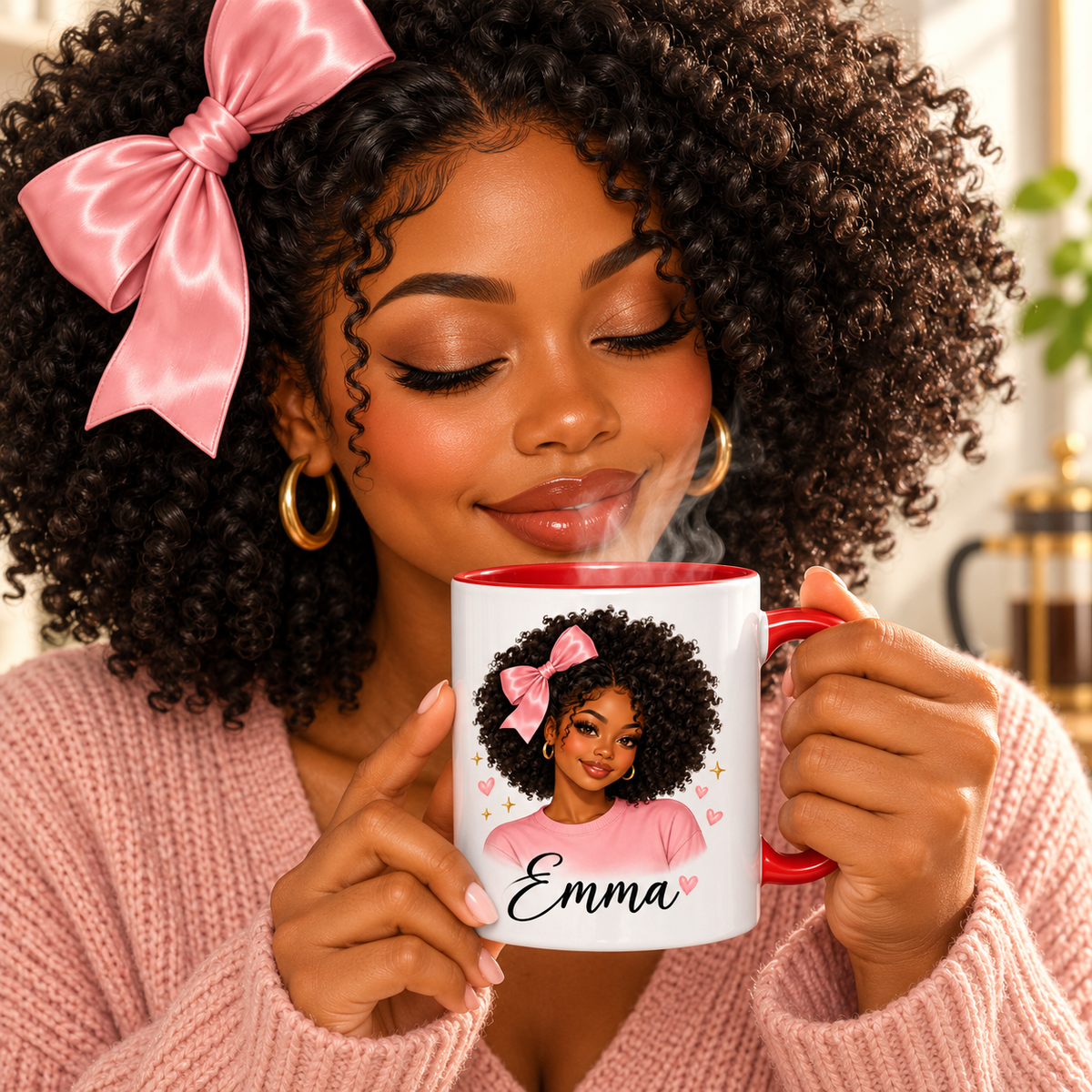Close-up woman savoring steaming coffee with personalized Afro Girly mug, red handle