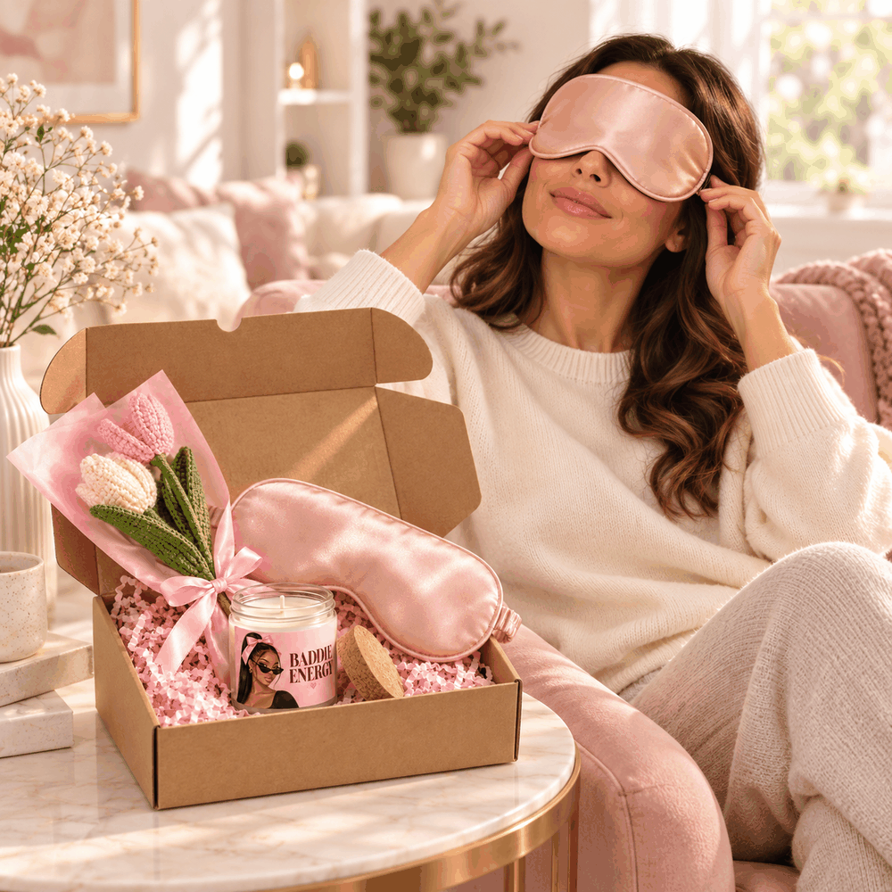 Woman wearing the plain champagne satin sleep mask with Baddie Energy illustrated candle and crochet bouquet gift box