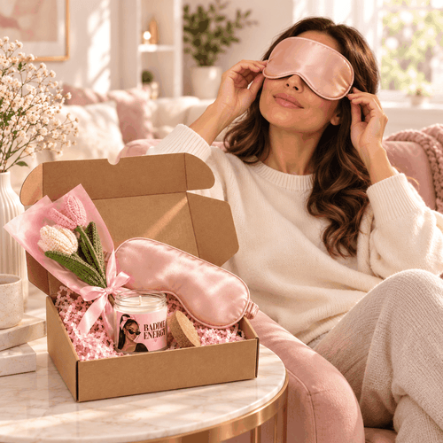 Woman wearing the plain champagne satin sleep mask with Baddie Energy illustrated candle and crochet bouquet gift box