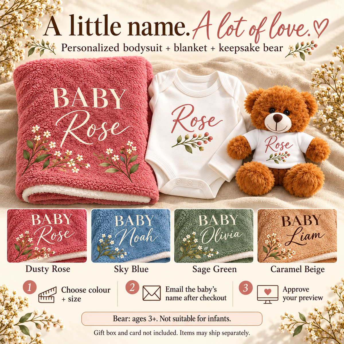 Personalization guide and bear age restriction: 3+, not suitable for infants