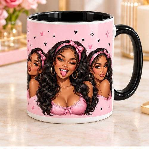 Funny baddie girl mug with black handle and interior, pink bow cartoon design