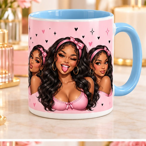 Funny baddie girl mug with light-blue handle and interior, pink bow cartoon design