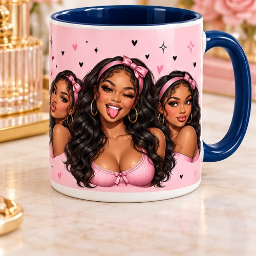 Funny baddie girl mug with navy handle and interior, pink bow cartoon design