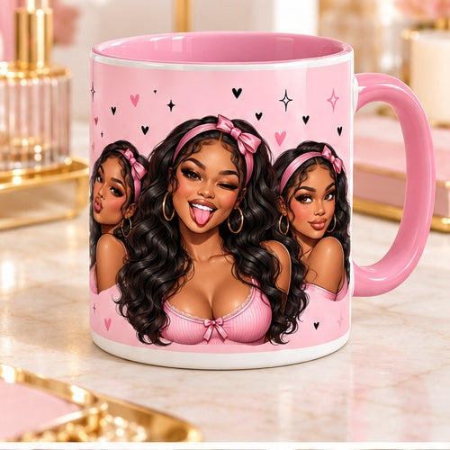 Funny baddie girl mug with pink handle and interior, pink bow cartoon design