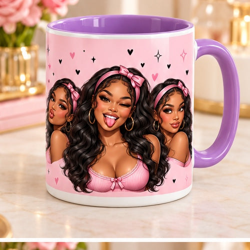 Funny baddie girl mug with purple handle and interior, pink bow cartoon design