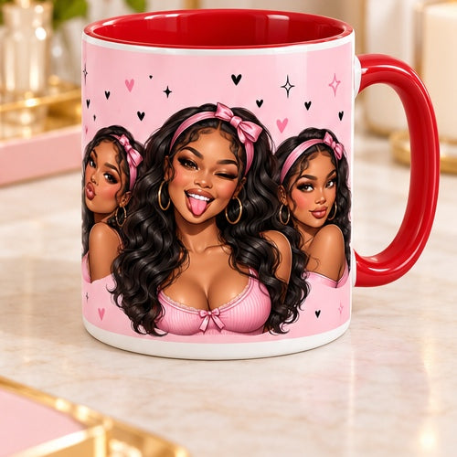 Funny baddie girl mug with red handle and interior, pink bow cartoon design