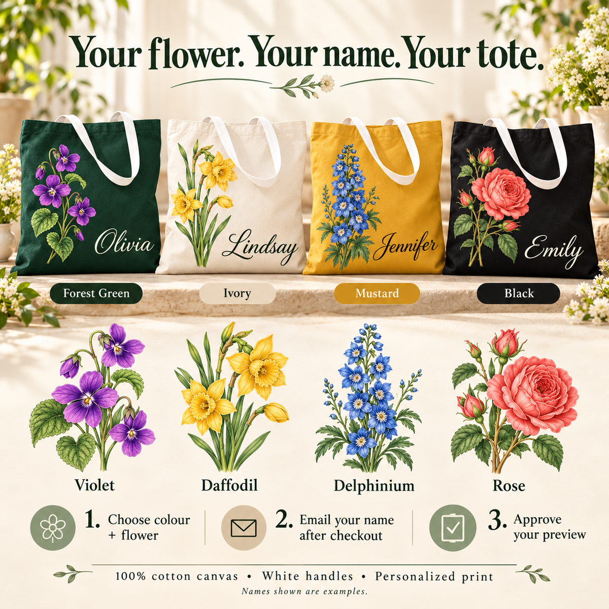 Choose a flower and colour, email your custom name and approve your preview