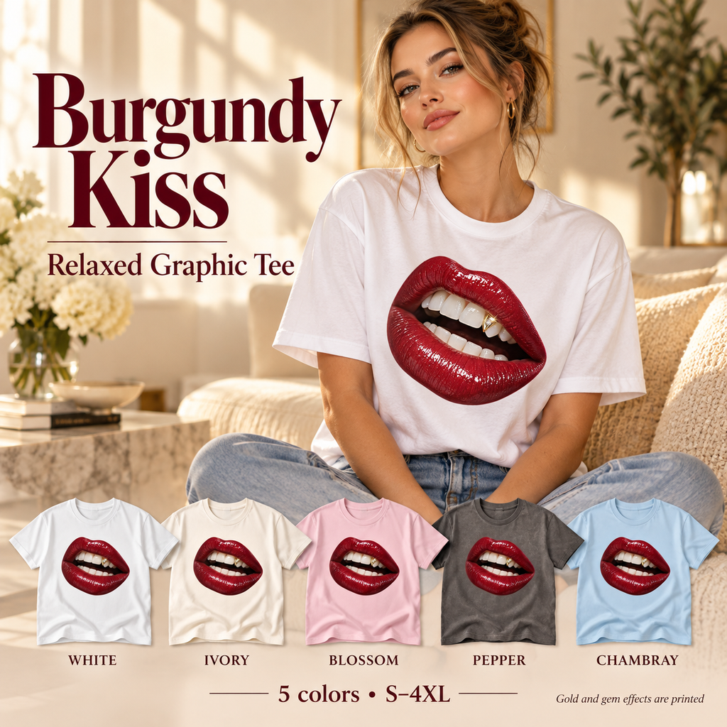 Illustrative Burgundy Kiss marketing mockup – Comfort Colors 1717 graphic tee