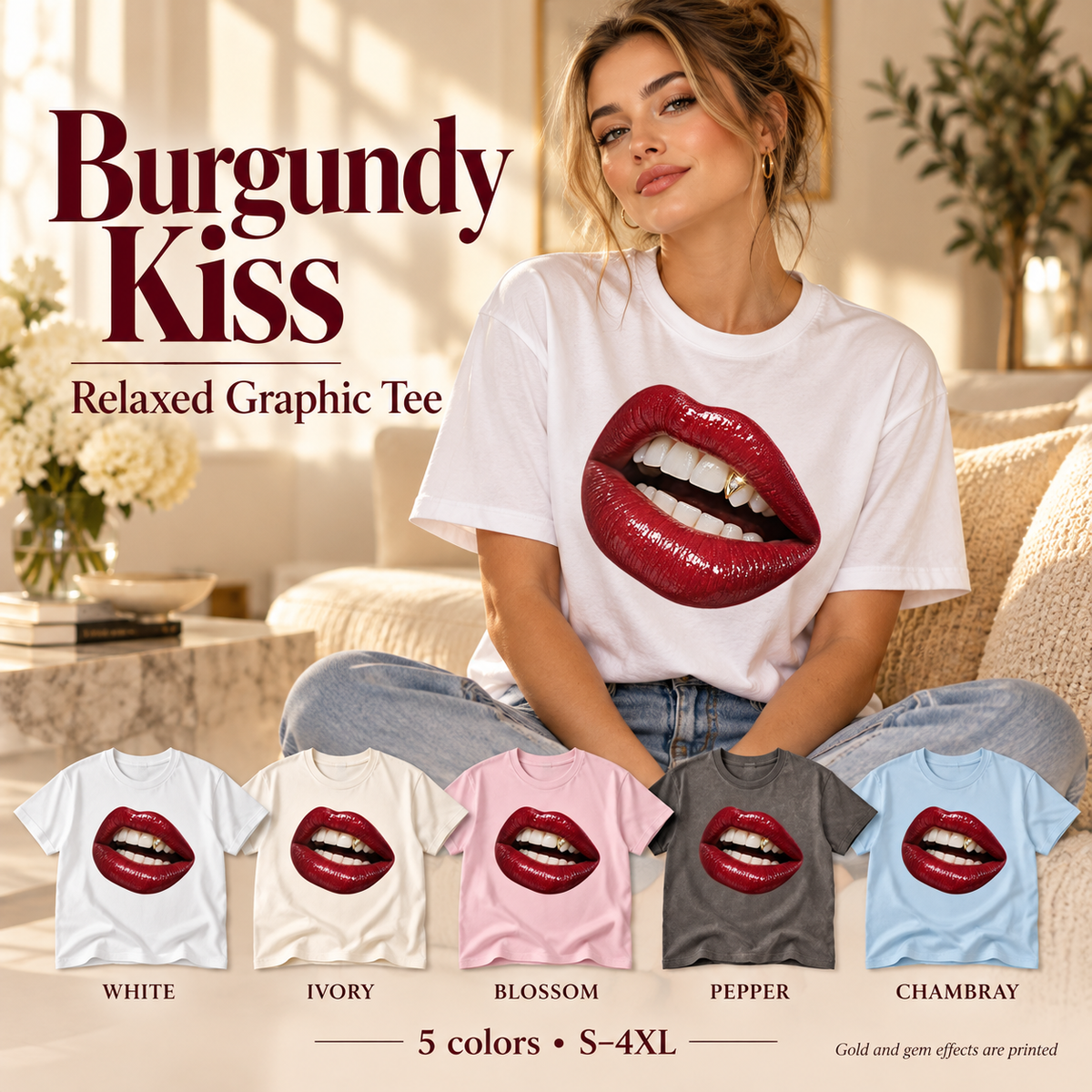Illustrative Burgundy Kiss marketing mockup – Comfort Colors 1717 graphic tee