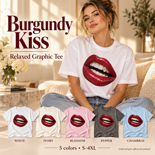Illustrative Burgundy Kiss marketing mockup – Comfort Colors 1717 graphic tee