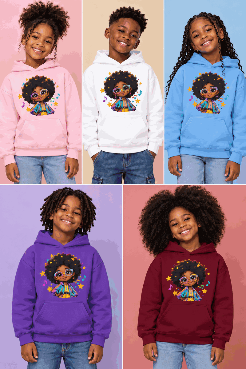 Illustrative Afro Pop kids hoodie mockups worn by children in Light Pink, White, Carolina Blue, Purple and Maroon