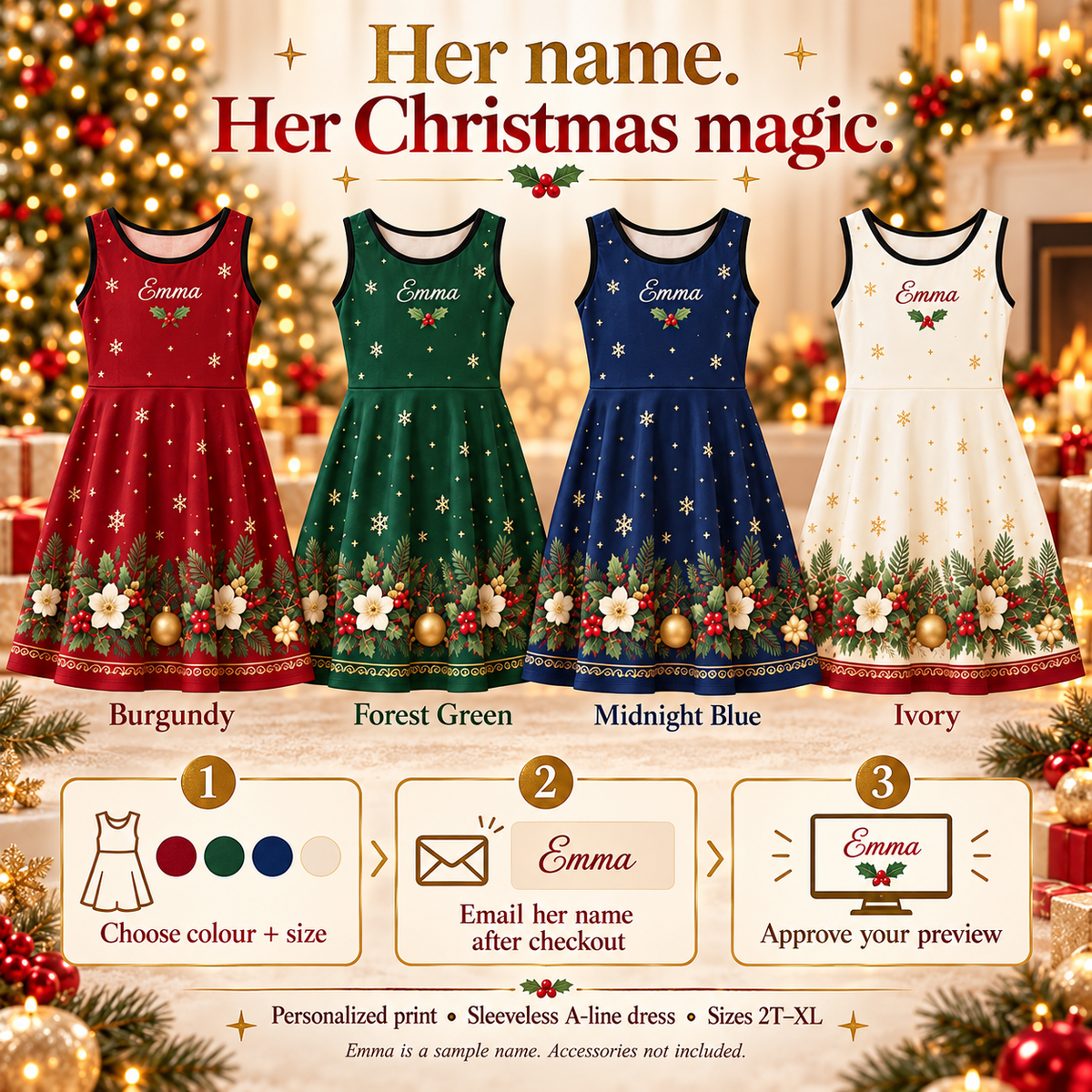 Personalization instructions: choose colour and size, email name after checkout, approve preview