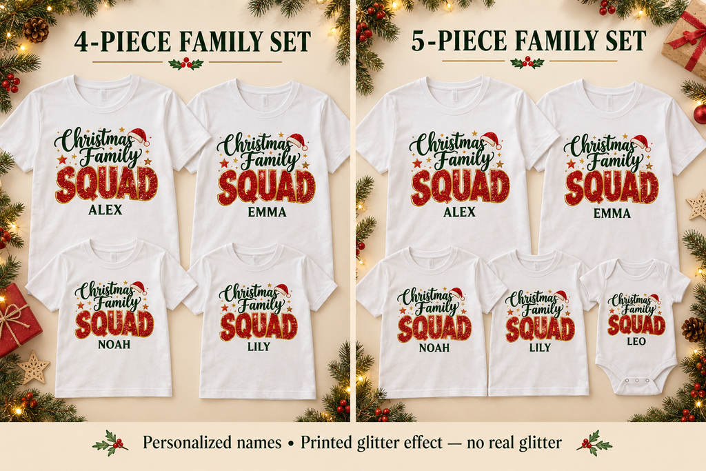 Christmas Family Squad 5-piece personalized family set — example names