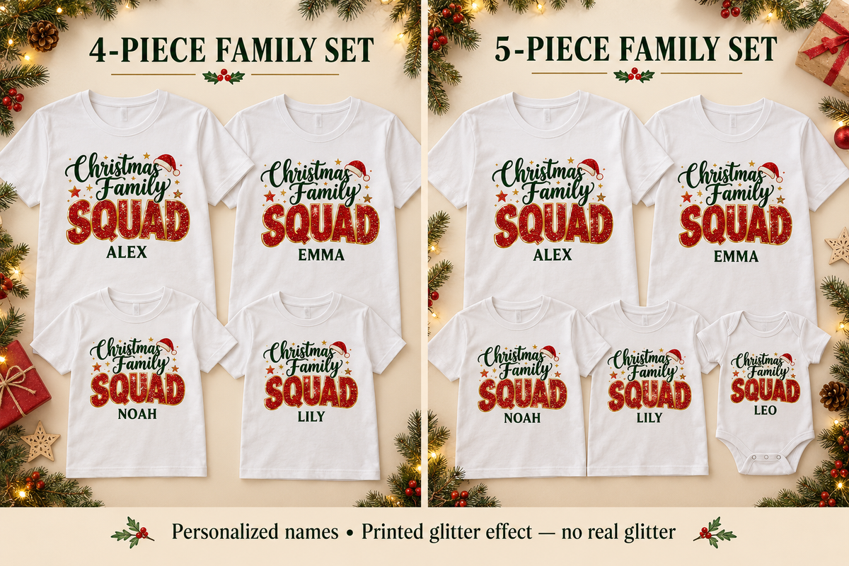 Christmas Family Squad 5-piece personalized family set — example names