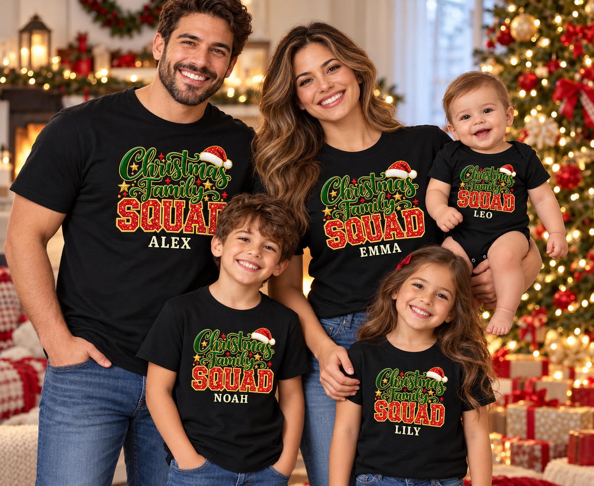 Family of five wearing black personalized Christmas shirts and baby bodysuit — example names