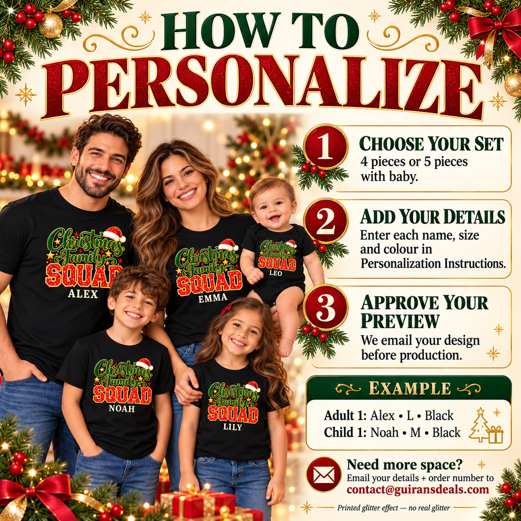 How to personalize your family set: choose 4 or 5 pieces; enter each name, size and colour; approve your preview. Email contact@guiransdeals.com with order number if needed.