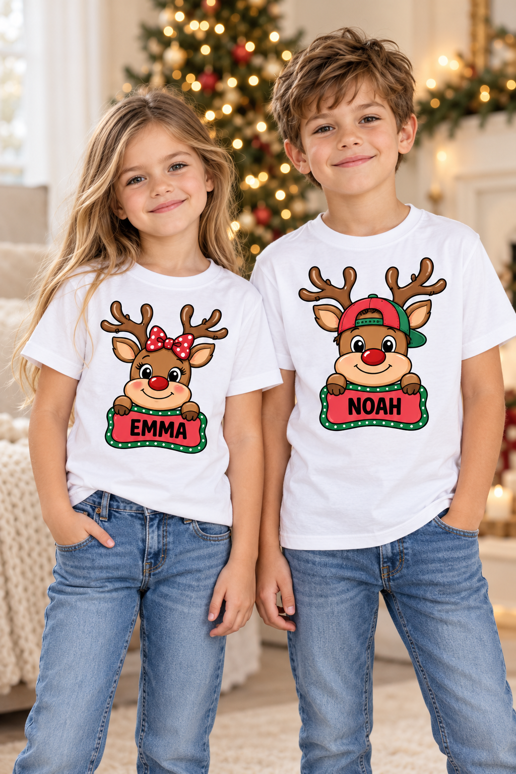 Children wearing matching personalized reindeer T-shirts. Each T-shirt sold separately.