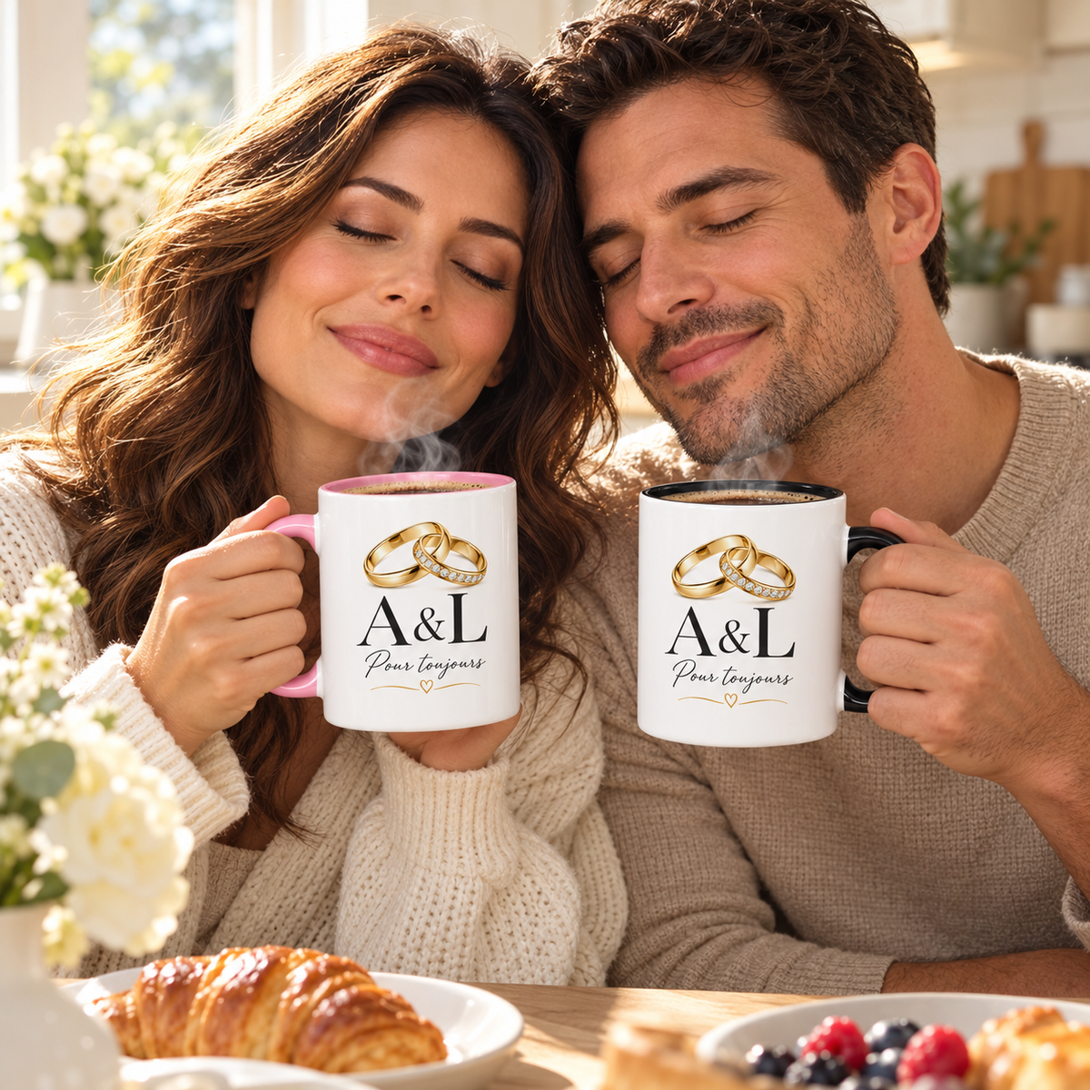 Couple savoring hot coffee with matching personalized wedding ring mugs, sold individually