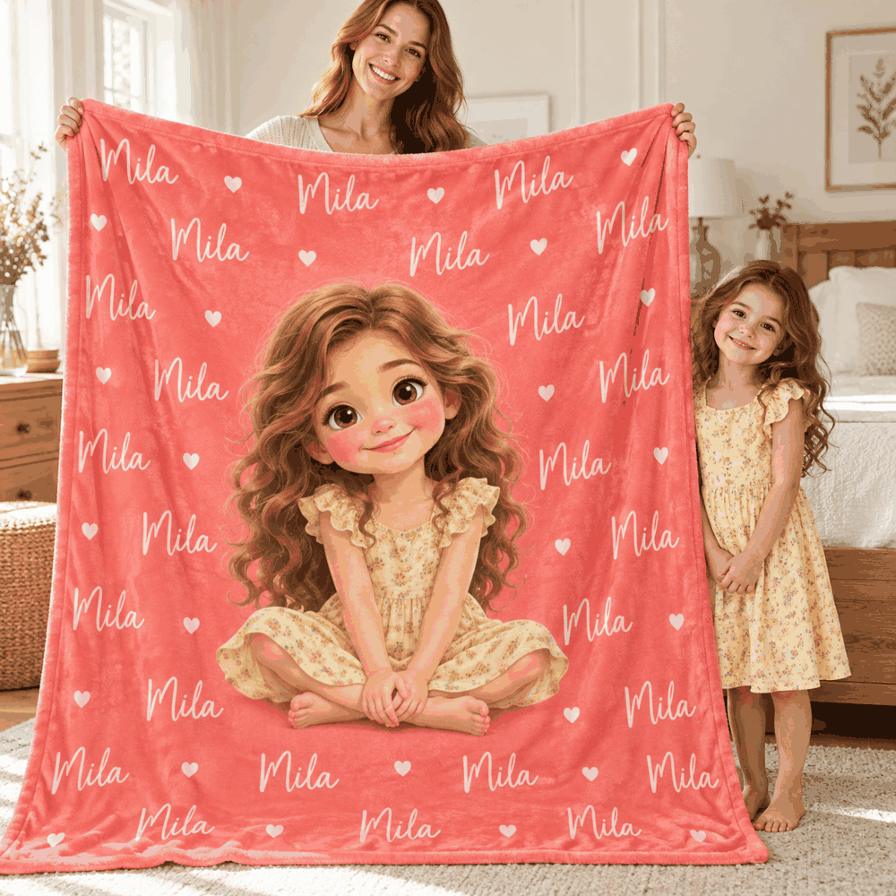 Personalized cartoon portrait blanket – Mila, example personalization