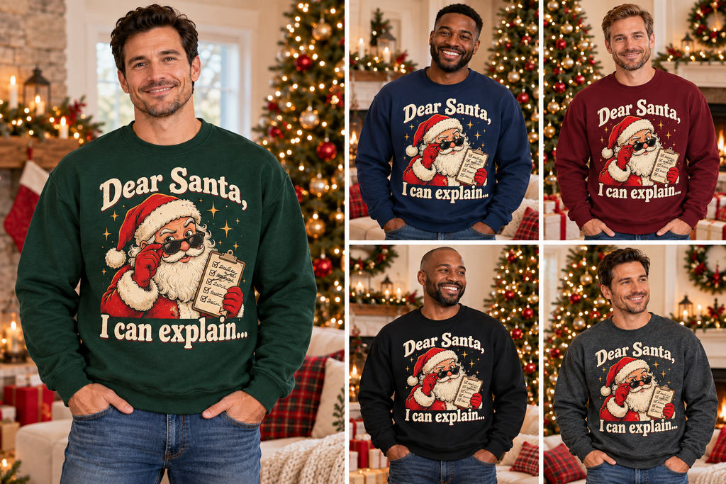 Five male models wearing Dear Santa I can explain sweatshirts in Forest Green Navy Maroon Black and Dark Heather