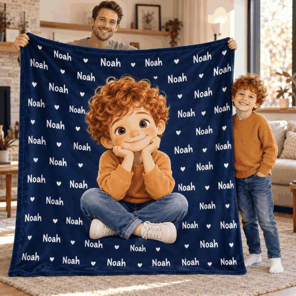 Personalized cartoon portrait blanket – Noah, example personalization