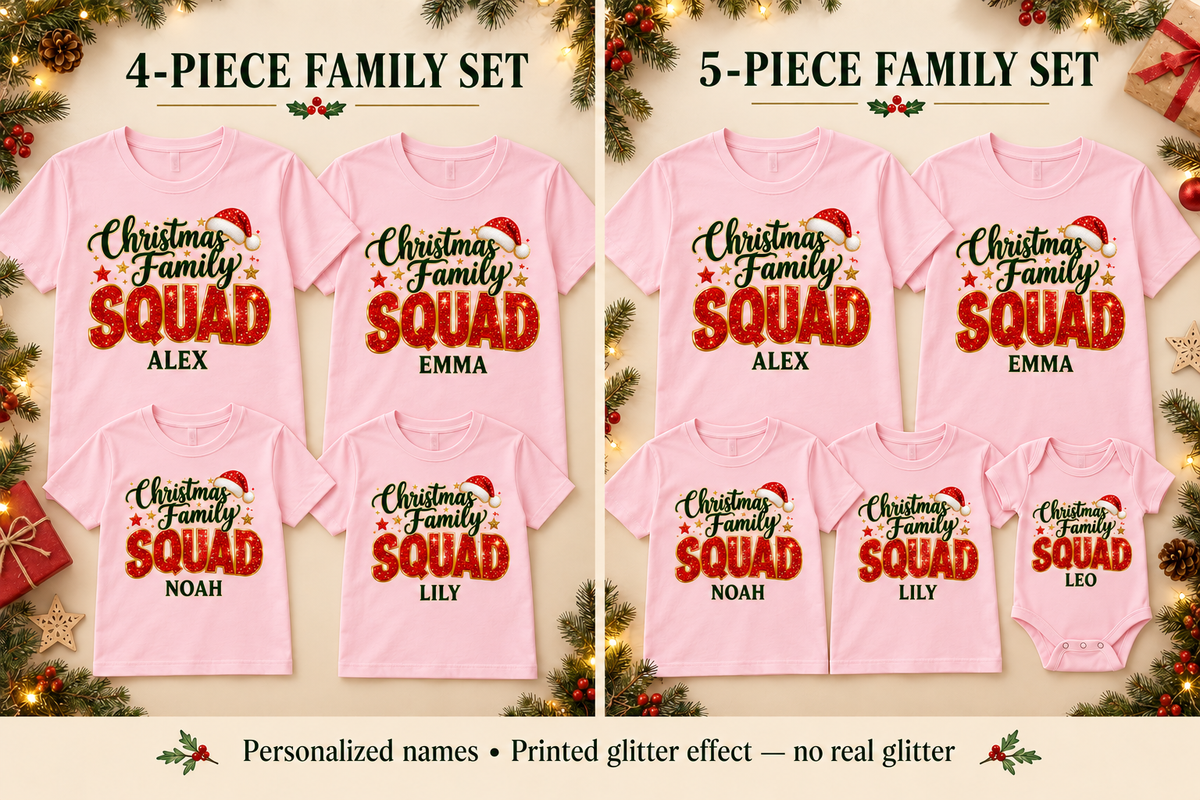Pink Christmas Family Squad — 4 and 5 piece sets — example names