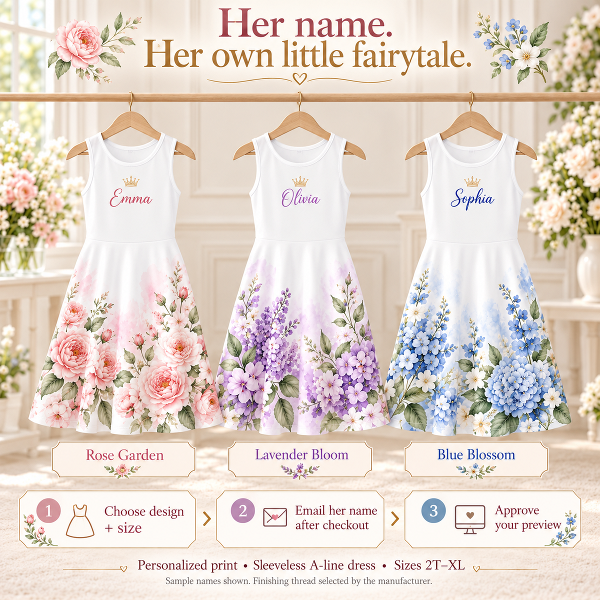 Choose a floral design and size, email your name after checkout, approve your preview