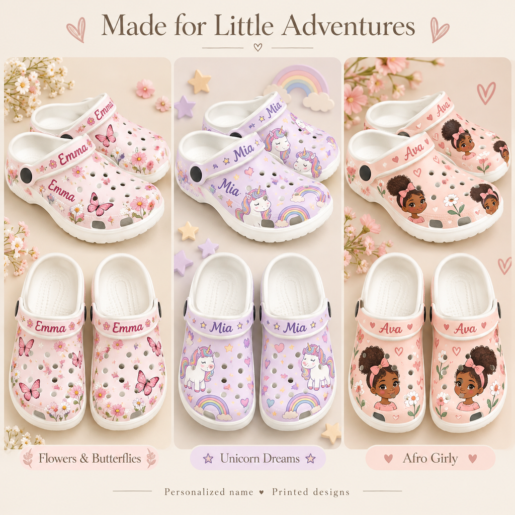 Illustrative collection preview – three separate girls clogs designs; this listing is Afro Girly only