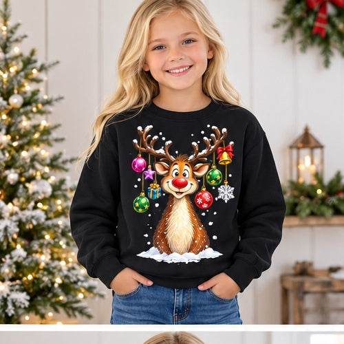 Girl wearing black Christmas reindeer ornament-antler sweatshirt