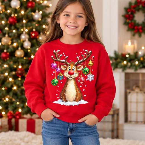 Girl wearing red Christmas reindeer ornament-antler sweatshirt