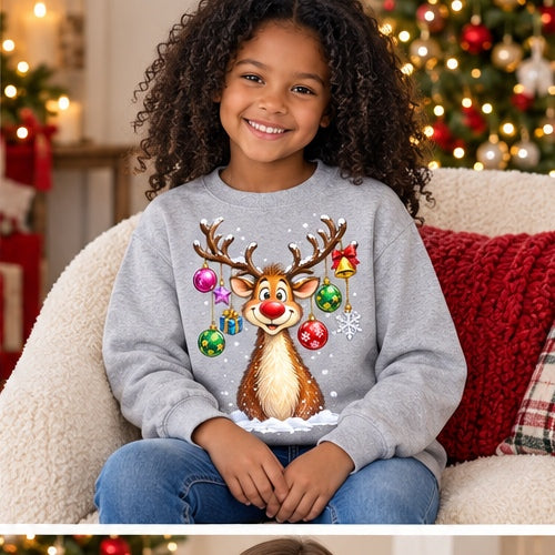 Girl wearing sport-grey Christmas reindeer ornament-antler sweatshirt