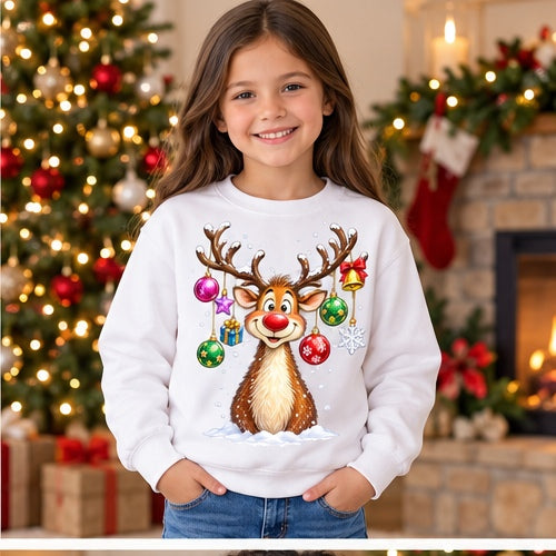 Girl wearing white Christmas reindeer ornament-antler sweatshirt