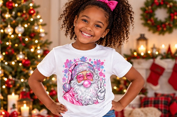 Little girl wearing a white pink Santa Christmas T-shirt