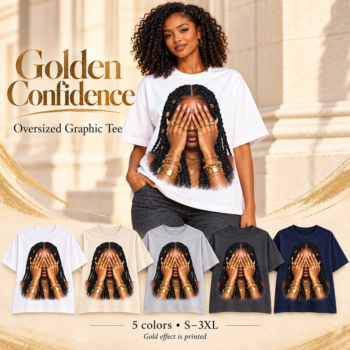 Illustrative lifestyle/marketing mockup – Golden Confidence oversized tee – marketing