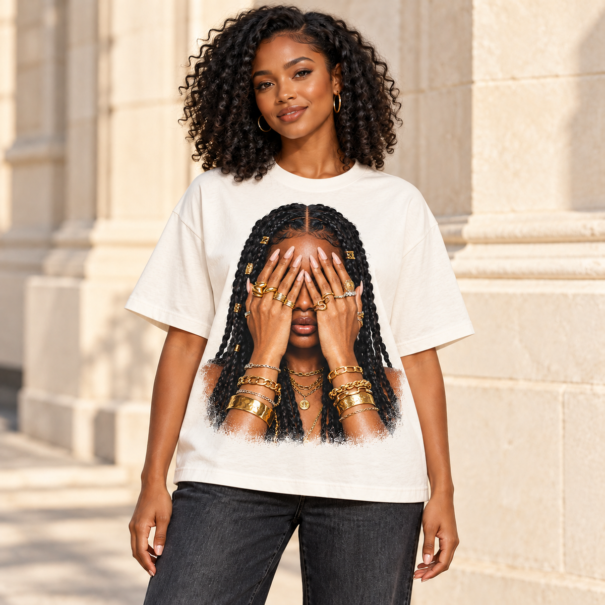 Illustrative lifestyle/marketing mockup – Golden Confidence oversized tee – natural