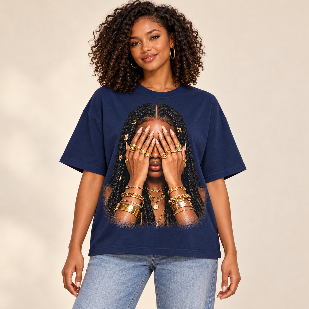 Illustrative lifestyle/marketing mockup – Golden Confidence oversized tee – navy