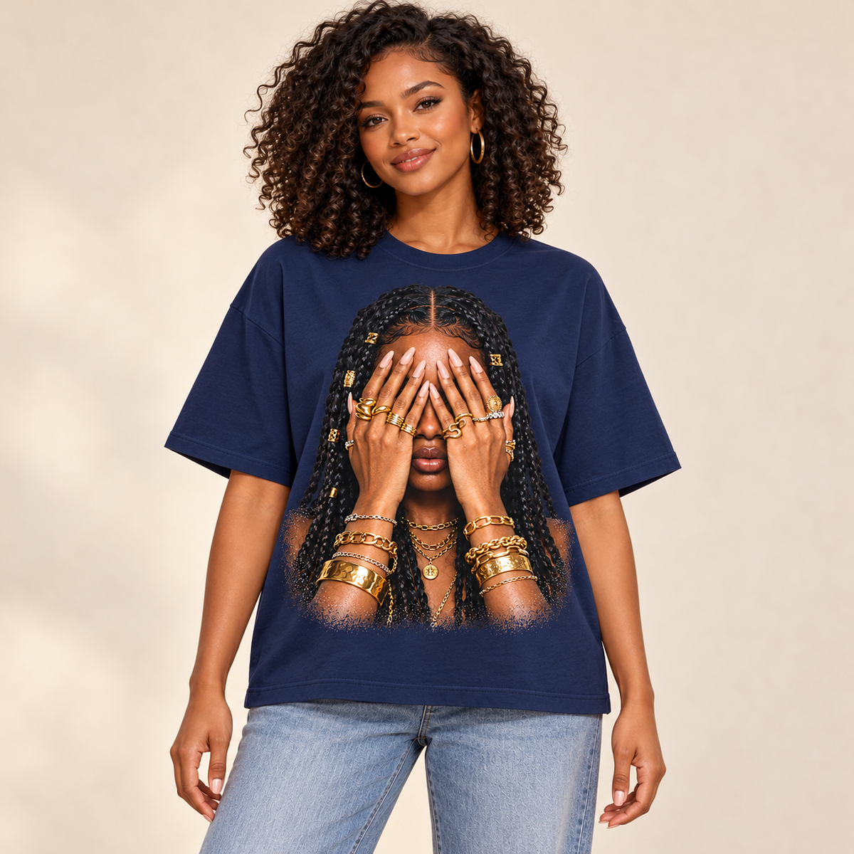 Illustrative lifestyle/marketing mockup – Golden Confidence oversized tee – navy