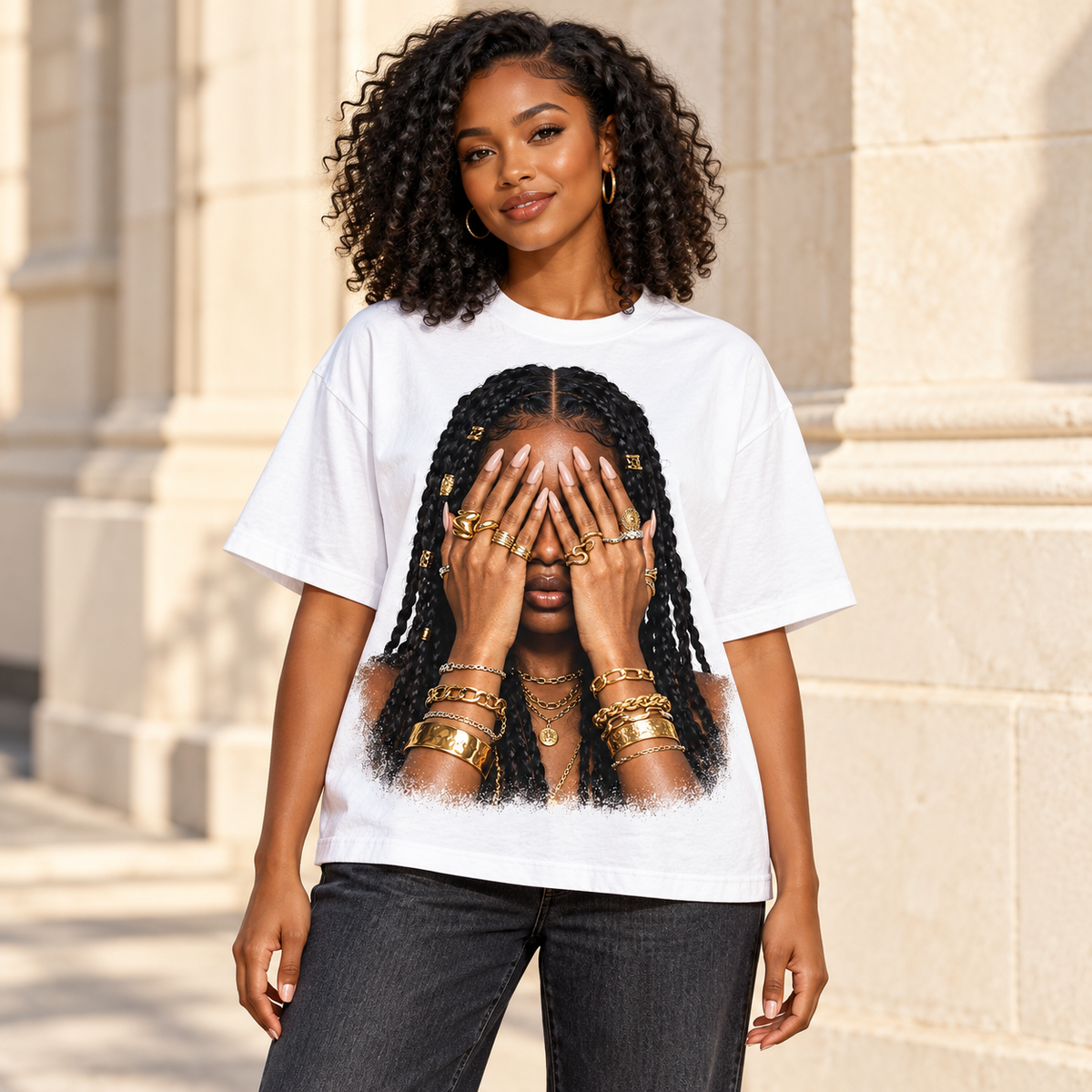 Illustrative lifestyle/marketing mockup – Golden Confidence oversized tee – white