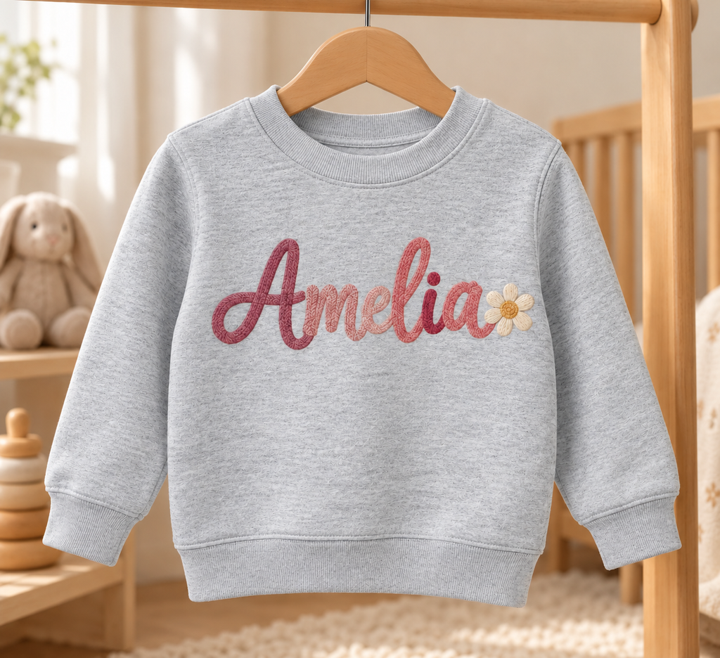 Heather personalized toddler sweatshirt with Amelia sample name and daisy. Flat printed embroidery effect; illustrative mockup.