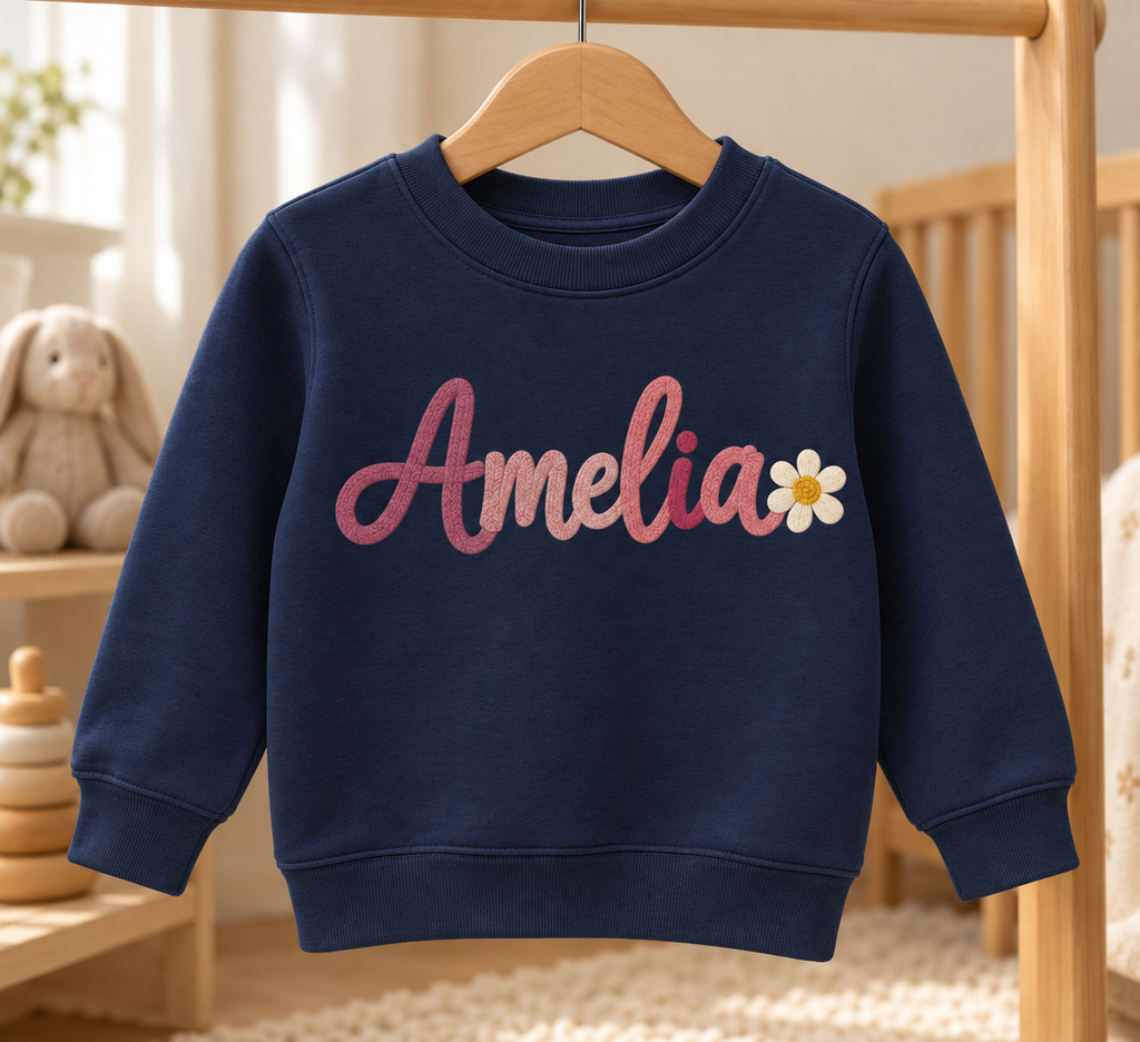 Navy personalized toddler sweatshirt with Amelia sample name and daisy. Flat printed embroidery effect; illustrative mockup.