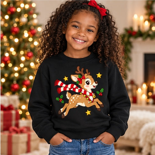 Child wearing a black leaping Christmas reindeer sweatshirt