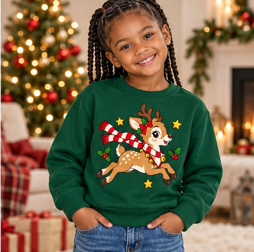 Child wearing a forest leaping Christmas reindeer sweatshirt