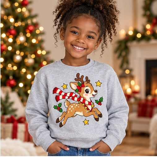 Child wearing a grey leaping Christmas reindeer sweatshirt