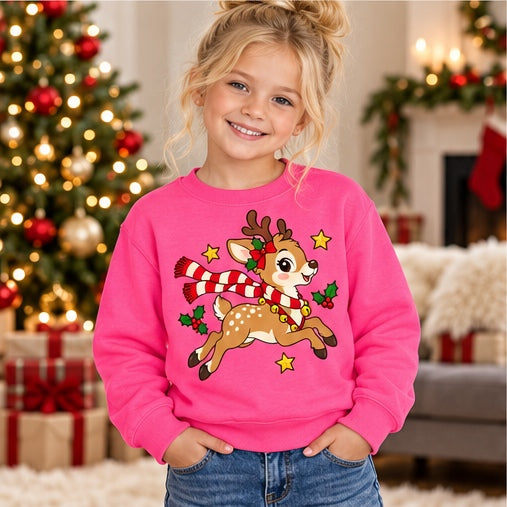Child wearing a pink leaping Christmas reindeer sweatshirt