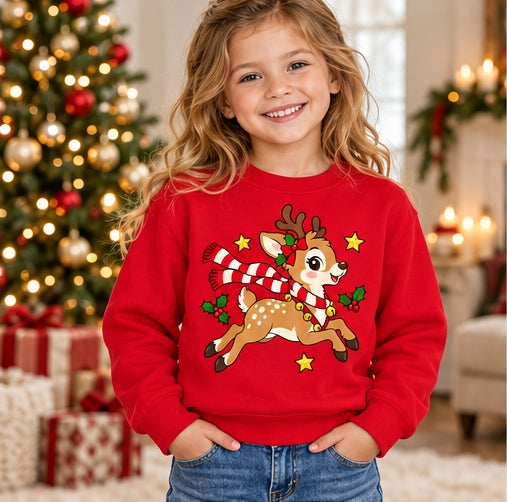 Child wearing a red leaping Christmas reindeer sweatshirt
