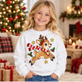 Child wearing a white leaping Christmas reindeer sweatshirt