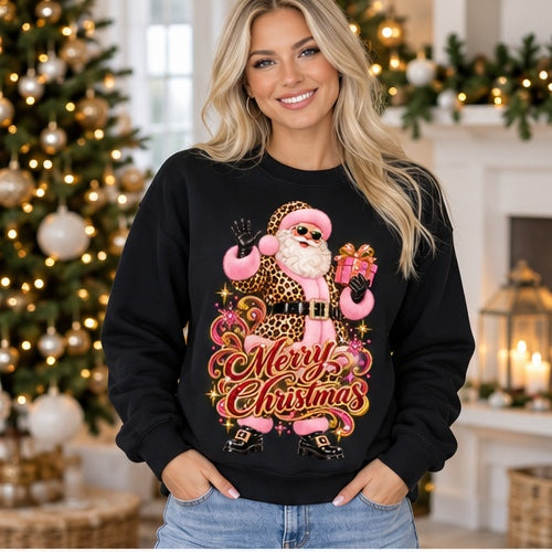 Woman wearing black leopard Santa Merry Christmas sweatshirt